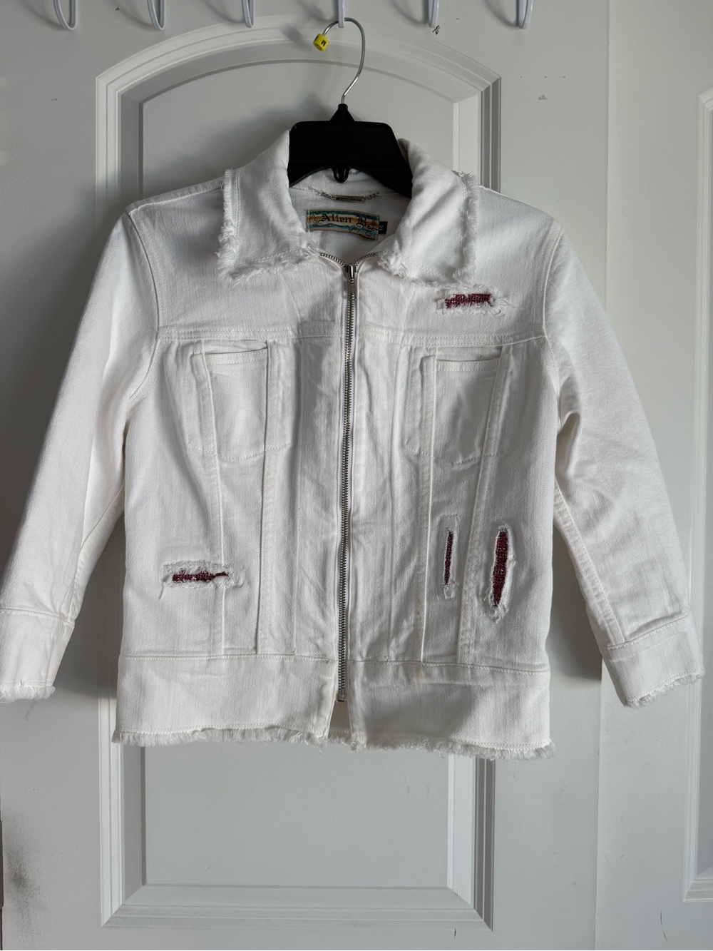 ABS Allen Schwartz White Distressed Jean Jacket with Burgundy Underlay